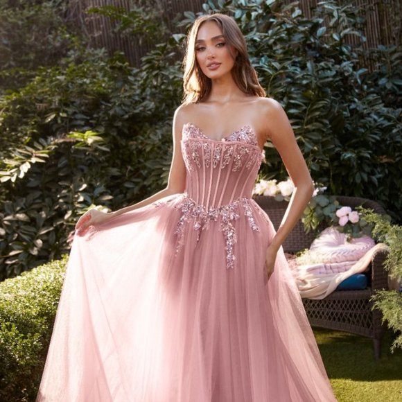 Corset Gown with Sheer Printed Overlay